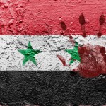 Bandera de Siria con una mano teñida de rojo estampada.